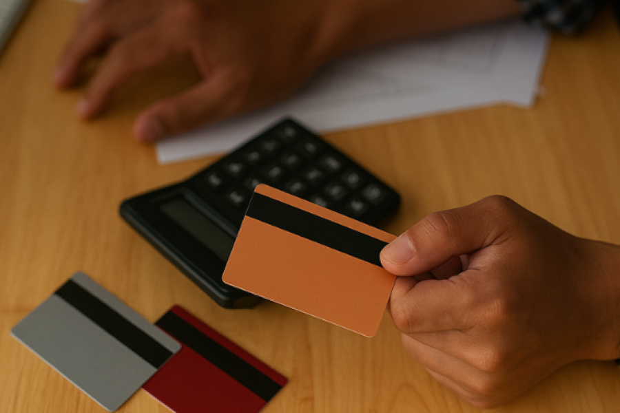 Dito pelo ChatGPT:  Um homem segura um cartão de crédito dourado sobre uma secretária de madeira, onde estão também dois outros cartões, uma calculadora, um teclado e folhas com dados financeiros, sugerindo uma análise de consolidação de créditos.